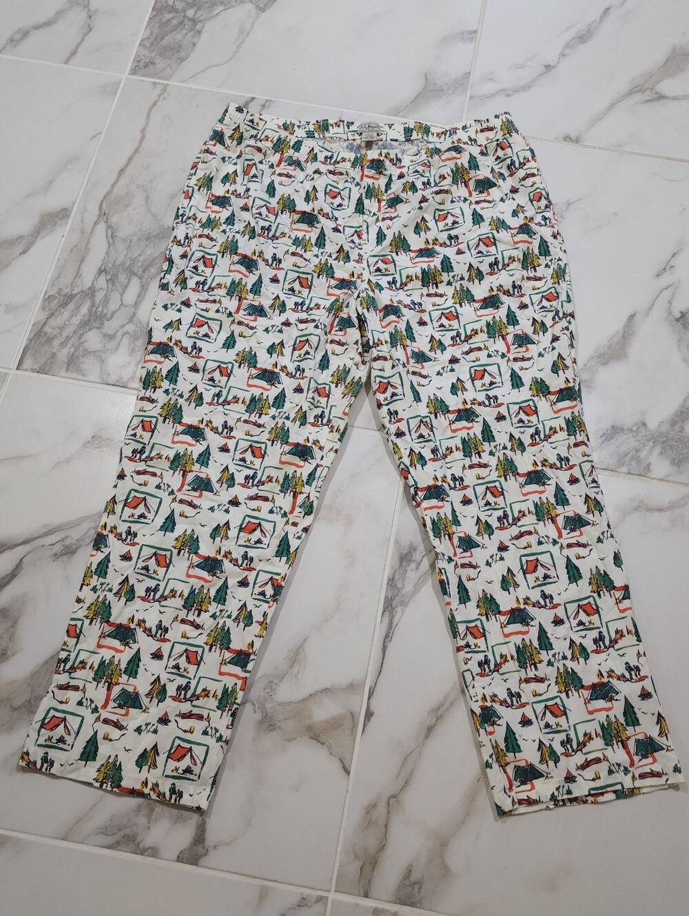L.L. Bean White Mems Camping-Print Cotton Pj Pants - XXL